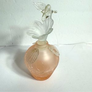 Vintage Golden Crown E & R  pink crackle glass hummingbird floral perfume bottle